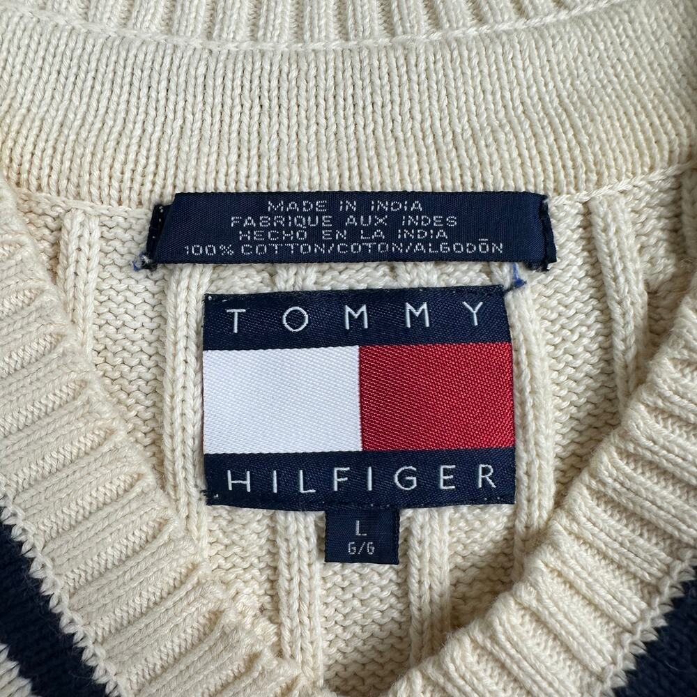 Tommy Hilfiger Cable Knit Sweater Vest Size L Cream V Neck Cricket Preppy - Picture 4 of 5